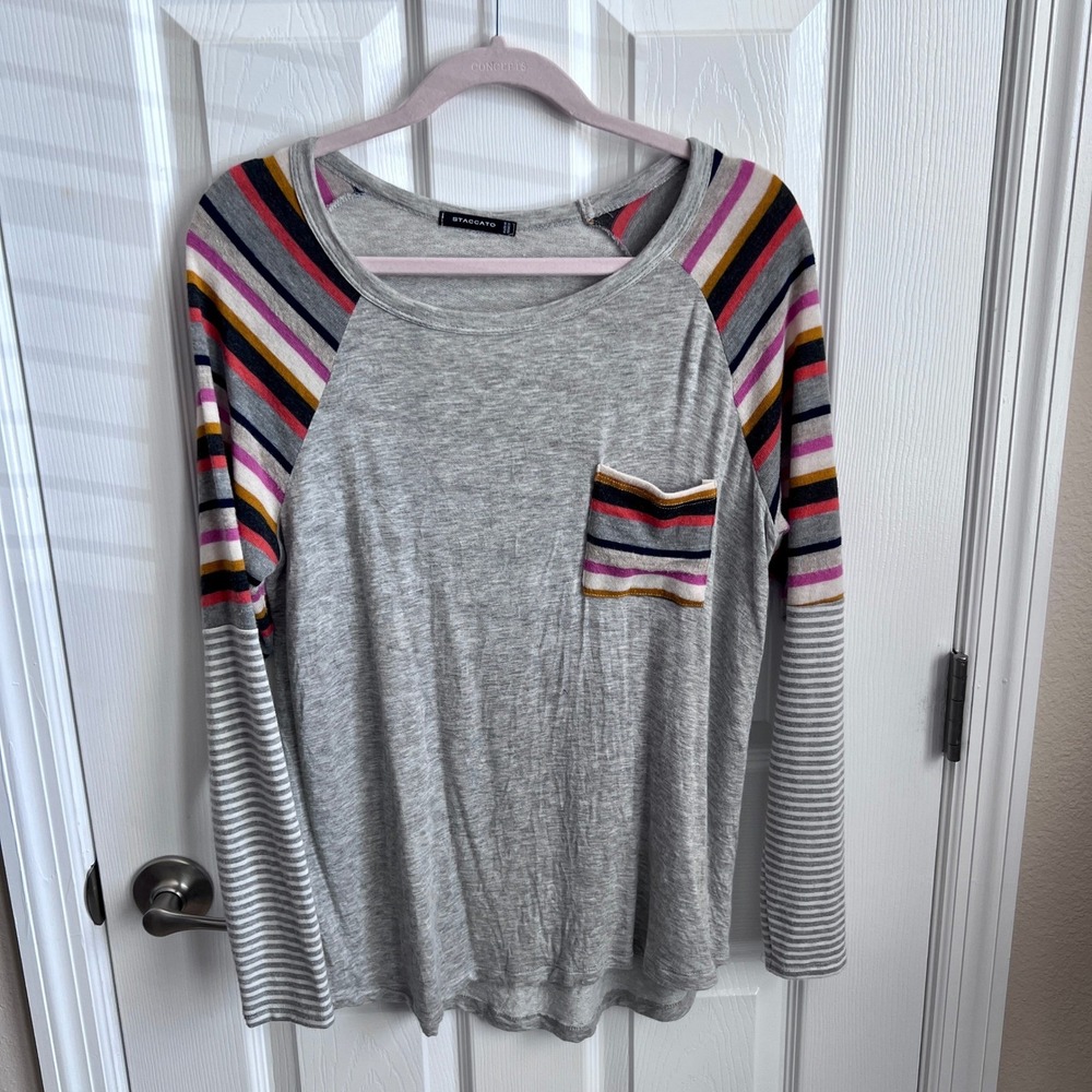 STACCATO Womens Gray Raglan Sleeve Striped Pocket Long Sleeve Top Size M